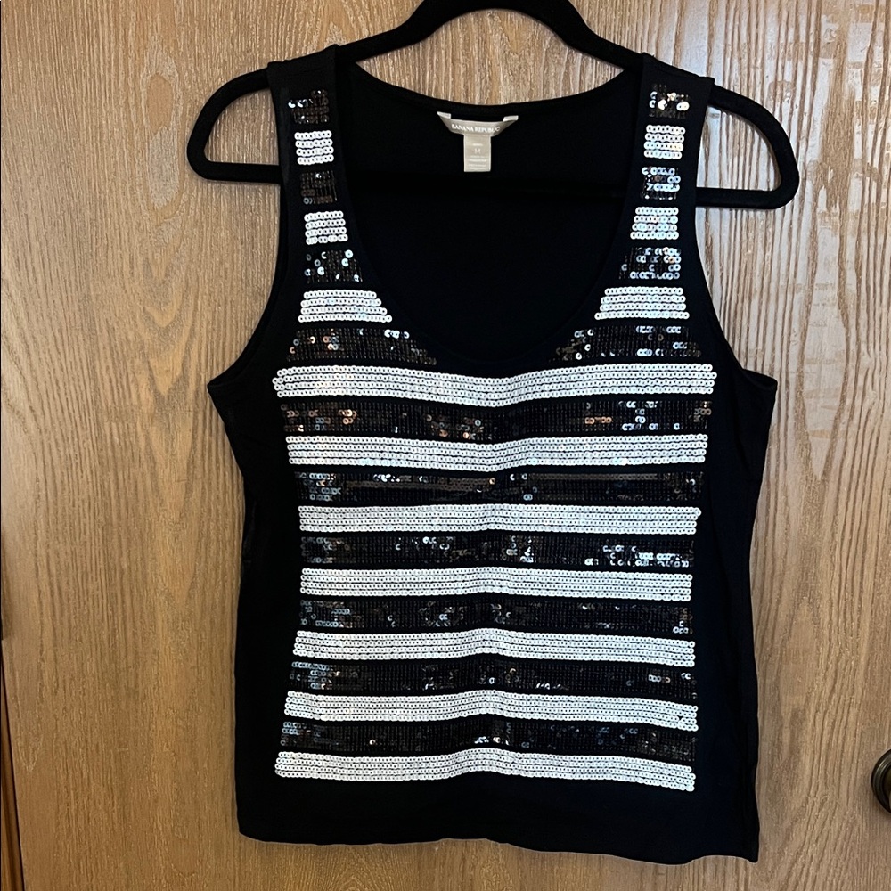 Banana Republic Black and White Sequin Striped Women's Top